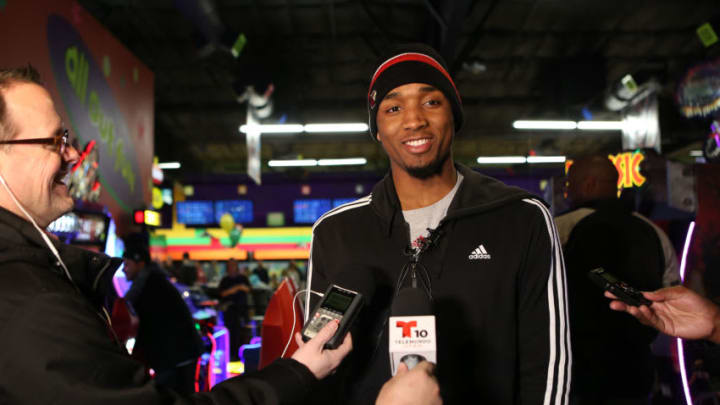 SALT LAKE CITY, UT - FEBRUARY 21: Donovan Mitchell #45 of the Utah Jazz gives a interview to the press prior to his Strikes for Kids Bowling event at Fat Cats Entertainment Center on February 21, 2018 in Salt Lake City, Utah. Copyright 2018 NBAE (Photo by Melissa Majchrzak/NBAE via Getty Images) Donovan Mitchell