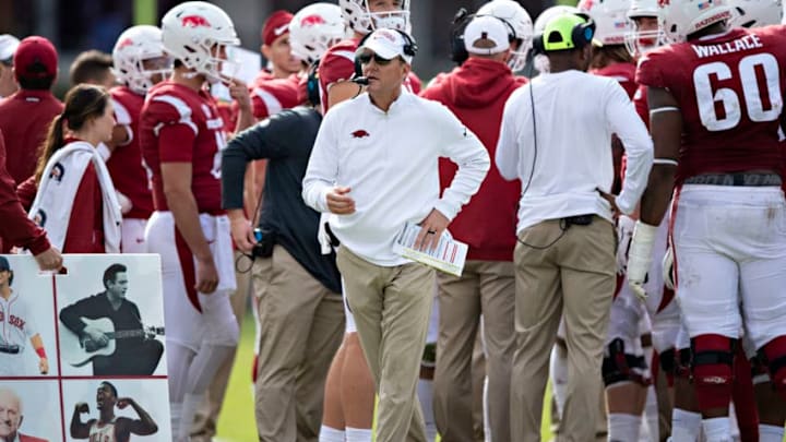 STARKVILLE, MS - NOVEMBER 17: Head Coach Chad Morris of the Arkansas Razorbacks during a timeout in the first half of a game against the Mississippi State Bulldogs at Davis Wade Stadium on November 17, 2018 in Starkville, Mississippi. (Photo by Wesley Hitt/Getty Images)