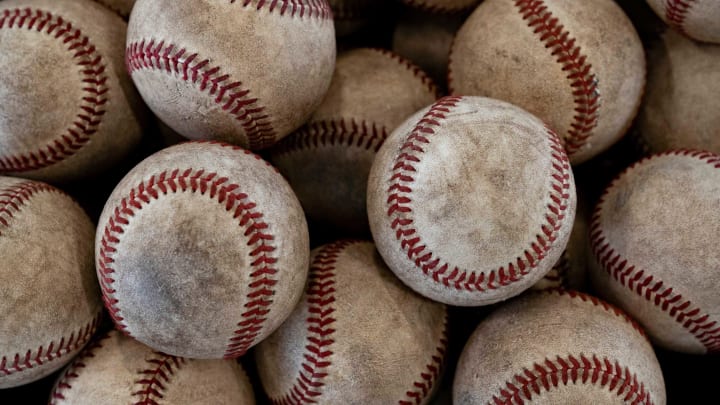 A bucket of baseballs inside the new covered batting cages at Gardens Park in Palm Beach Gardens on July 8, 2020 in Palm Beach Gardens, Florida.