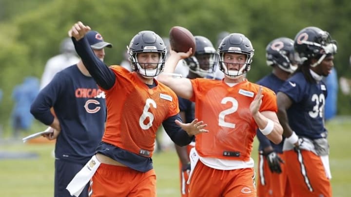 May 25, 2016; Lake Forest, IL, USA; Chicago Bears quarterbacks Jay Cutler (6) and Ben LeCompte (2) during the OTA practice at Halas Hall. Mandatory Credit: Kamil Krzaczynski-USA TODAY Sports