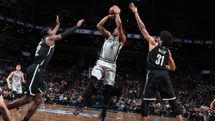 BROOKLYN, NY - FEBRUARY 25: DeMar DeRozan #10 of the San Antonio Spurs shoots the ball against the Brooklyn Nets on February 25, 2019 at Barclays Center in Brooklyn, New York. NOTE TO USER: User expressly acknowledges and agrees that, by downloading and or using this Photograph, user is consenting to the terms and conditions of the Getty Images License Agreement. Mandatory Copyright Notice: Copyright 2019 NBAE (Photo by Nathaniel S. Butler/NBAE via Getty Images)