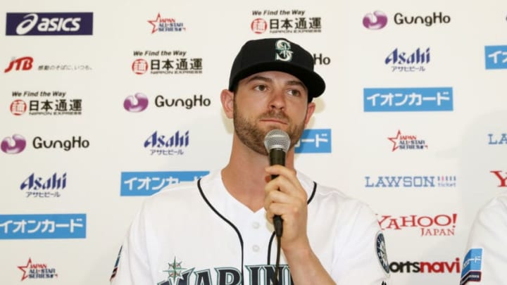 TOKYO, JAPAN - NOVEMBER 7: Mitch Haniger #17 of the Seattle Mariners, addresses the media during a press conference during the workout day for the Japan All-Star Series at the Tokyo Dome on Wednesday, November 7, 2018 in Tokyo, Japan. (Photo by Yuki Taguchi/MLB Photos via Getty Images)