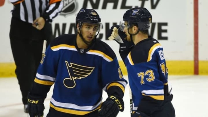 Sep 25, 2016; St. Louis, MO, USA; St. Louis Blues center Kenny Agostino (73) is congratulated by center Robby Fabbri (15) after scoring a goal against the Columbus Blue Jackets during the third period of a preseason hockey game at Scottrade Center. The Blues won 7-3. Mandatory Credit: Jeff Curry-USA TODAY Sports