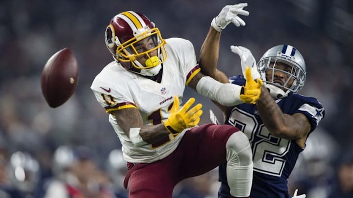 Nov 24, 2016; Arlington, TX, USA; Dallas Cowboys cornerback Orlando Scandrick (32) breaks up a pas intended for Washington Redskins wide receiver DeSean Jackson (11) during the second half at AT&T Stadium. Mandatory Credit: Jerome Miron-USA TODAY Sports