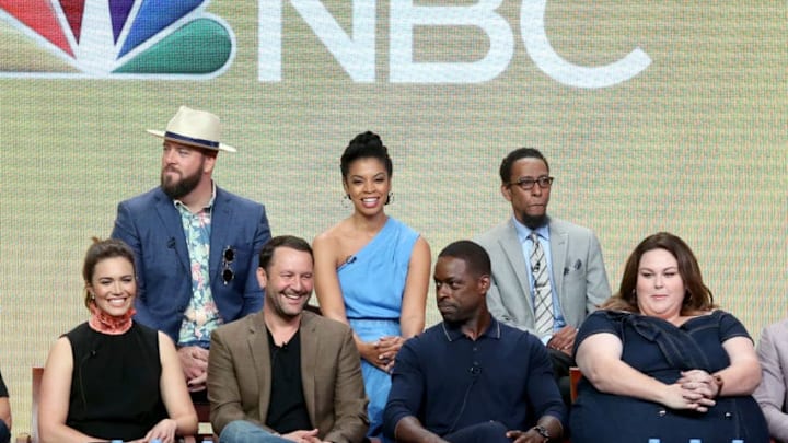 BEVERLY HILLS, CA - AUGUST 03: (Top L-R) Actors Chris Sullivan, Susan Kelechi Watson, Ron Cephas Jones, (bottom L-R) Mandy Moore, executive producer/showrunner Dan Fogelman, and actors Sterling K. Brown and Chrissy Metz of 'This Is Us' speak onstage during the NBCUniversal portion of the 2017 Summer Television Critics Association Press Tour at The Beverly Hilton Hotel on August 3, 2017 in Beverly Hills, California. (Photo by Frederick M. Brown/Getty Images)