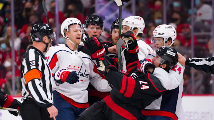 Garnet Hathaway, Connor McMichael, John Carlson, Washington Capitals Mandatory Credit: James Guillory-USA TODAY Sports