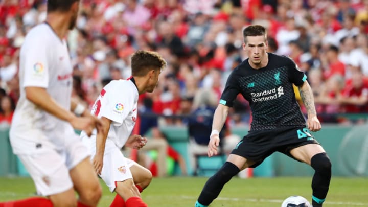 BOSTON, MASSACHUSETTS - JULY 21: Ryan Kent #40 of Liverpool handles the ball during a pre-season friendly against Sevilla at Fenway Park on July 21, 2019 in Boston, Massachusetts. (Photo by Tim Bradbury/Getty Images)