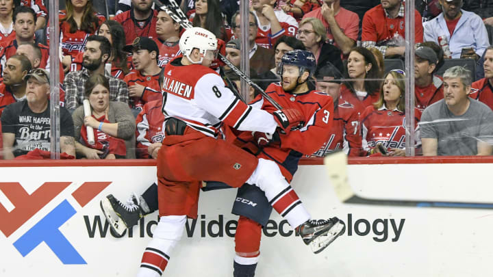 WASHINGTON, DC – APRIL 20: Carolina Hurricanes right wing Saku Maenalanen (8) hits Washington Capitals defenseman Nick Jensen (3) in the second period on April 20, 2019, at the Capital One Arena in Washington, D.C. in the first round of the Stanley Cup Playoffs. (Photo by Mark Goldman/Icon Sportswire via Getty Images)