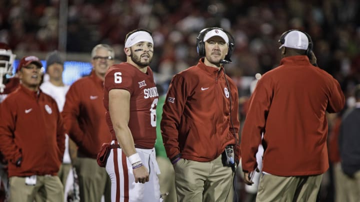 NORMAN, OK – OCTOBER 28: Head Coach Lincoln Riley and quarterback Baker Mayfield