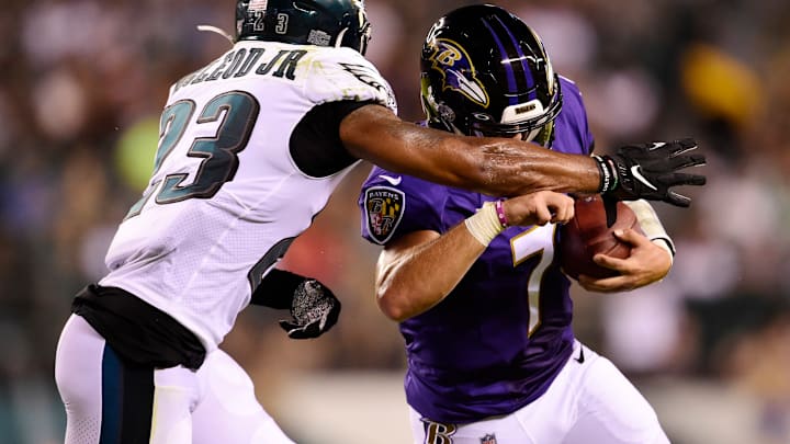 PHILADELPHIA, PA – AUGUST 22: Trace McSorley #7 of the Baltimore Ravens is tackled by Rodney McLeod #23 of the Philadelphia Eagles as he scrambles with the ball in the first half during a preseason game at Lincoln Financial Field on August 22, 2019 in Philadelphia, Pennsylvania. (Photo by Patrick McDermott/Getty Images)