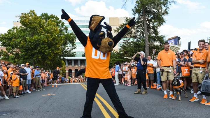 Sep 17, 2022; Knoxville, Tennessee, USA; Tennessee Volunteers mascot Smokey entertains the crowd at the Vol Walk before a game between the Tennessee Volunteers and Akron Zips at Neyland Stadium. Mandatory Credit: Bryan Lynn-USA TODAY Sports