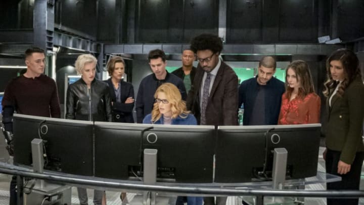 Arrow -- "Fadeout" -- Image Number: AR810B_0438b.jpg -- Pictured (L-R): Colton Haynes as Roy Harper, Katie Cassidy as Laurel Lance/Black Siren, Audrey Marie Anderson as Lyla Michaels, Joe Dinicol as Rory Regan/Ragman, Emily Bett Rickards as Felicity Smoak, David Ramsey as John Diggle/Spartan, Echo Kellum as Curtis Holt/Mr. Terrific, Rick Gonzalez as Rene Ramirez/Wild Dog, Willa Holland as Thea Queen and Juliana Harkavy as Dinah Drake/Black Canary -- Photo: Colin Bentley/The CW -- © 2020 The CW Network, LLC. All Rights Reserved.