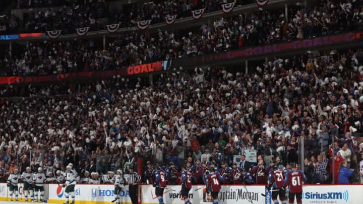 DENVER, CO - APRIL 19: The Colorado Avalanche and their fans celebrate a goal by Gabriel Landeskog #92 of the Colorado Avalanche to take a 3-1 lead over the Minnesota Wild in the second period of Game Two of the First Round of the 2014 NHL Stanley Cup Playoffs at Pepsi Center on April 19, 2014 in Denver, Colorado. (Photo by Doug Pensinger/Getty Images)