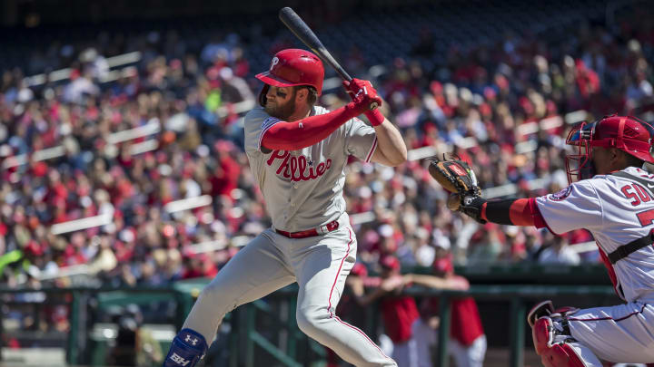 WASHINGTON, DC – April 03: Bryce Harper #3 of the Philadelphia Phillies at bat against the Washington Nationals during the third inning at Nationals Park on April 3, 2019 in Washington, DC. (Photo by Scott Taetsch/Getty Images)
