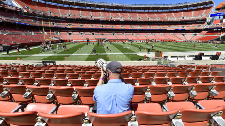CLEVELAND, OHIO - AUGUST 30: The Cleveland Browns work out without fans during training camp at FirstEnergy Stadium on August 30, 2020 in Cleveland, Ohio. (Photo by Jason Miller/Getty Images)