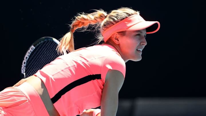 MELBOURNE, AUSTRALIA - JANUARY 16: Eugenie Bouchard of Canada plays a backhand in her first round match against Oceane Dodin of France on day two of the 2018 Australian Open at Melbourne Park on January 16, 2018 in Melbourne, Australia. (Photo by Cameron Spencer/Getty Images)