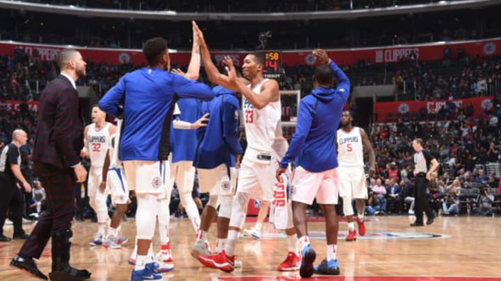 LOS ANGELES, CA – JANUARY 17: The LA Clippers celebrate against the Denver Nuggets on January 17, 2018 at STAPLES Center in Los Angeles, California. NOTE TO USER: User expressly acknowledges and agrees that, by downloading and/or using this Photograph, user is consenting to the terms and conditions of the Getty Images License Agreement. Mandatory Copyright Notice: Copyright 2018 NBAE (Photo by Andrew D. Bernstein/NBAE via Getty Images)