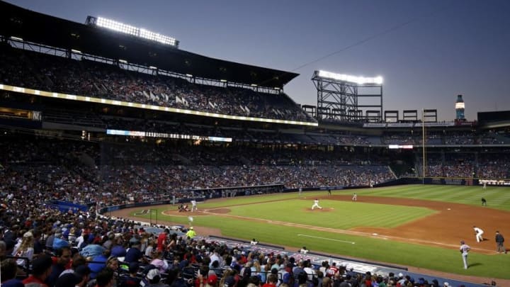 Apr 23, 2016; Atlanta, GA, USA; Atlanta Braves starting pitcher Jhoulys Chacin (43) delivers a pitch to a New York Mets batter in the fifth inning of their game at Turner Field. Mandatory Credit: Jason Getz-USA TODAY Sports