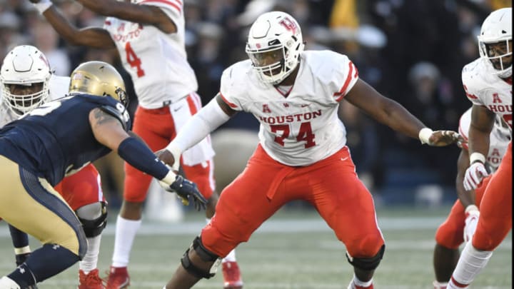 ANNAPOLIS, MD - OCTOBER 20: Josh Jones #74 of the Houston Cougars in position during a college football game against the Navy Midshipmen at Navy-Marine Corps Memorial Stadium on October 20, 2018 in Annapolis, Maryland. (Photo by Mitchell Layton/Getty Images)