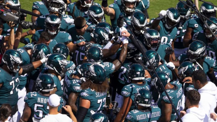 PHILADELPHIA, PA - SEPTEMBER 08: The Philadelphia Eagles huddle prior to the game against the Washington Redskins at Lincoln Financial Field on September 8, 2019 in Philadelphia, Pennsylvania. (Photo by Mitchell Leff/Getty Images)