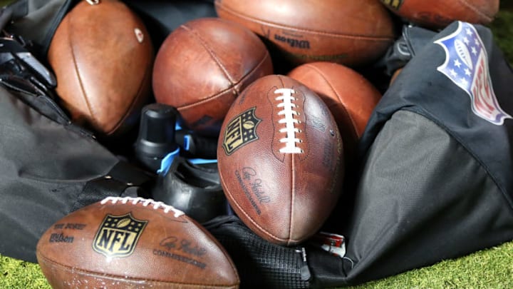 KANSAS CITY, MO - AUGUST 31: Practice footballs on the sideline during an NFL preseason game between the Tennessee Titans and the Kansas City Chiefs on August 31, 2017 at Arrowhead Stadium in Kansas City, MO. (Photo by Scott Winters/Icon Sportswire via Getty Images)