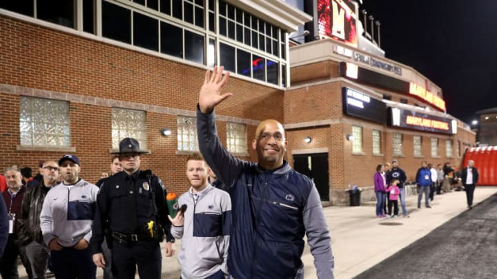 COLLEGE PARK, MD - NOVEMBER 25: Head coach James Franklin of the Penn State Nittany Lions waves to the crowd after defeating the Maryland Terrapins 66-3 at Capital One Field on November 25, 2017 in College Park, Maryland. (Photo by Rob Carr/Getty Images)