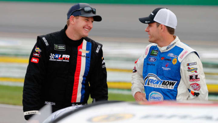 SPARTA, KY - JULY 07: Michael McDowell, driver of the #95 WRL General Contractors Chevrolet, talks with David Ragan, driver of the #38 Brandeis/Komatsu Ford, during qualifying for the Monster Energy NASCAR Cup Series Quaker State 400 presented by Advance Auto Parts at Kentucky Speedway on July 7, 2017 in Sparta, Kentucky. (Photo by Brian Lawdermilk/Getty Images)