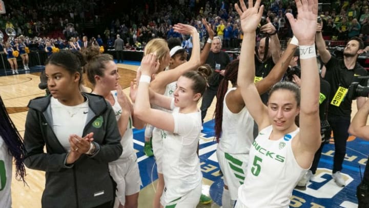 PORTLAND, OR - MARCH 29: Oregon Ducks guard Maite Cazorla (5) reacts after the NCAA Division I Women's Championship third round basketball game between the South Dakota State Jackrabbits and the Oregon Ducks on March 29, 2019 at Moda Center in Portland, Oregon. (Photo by Joseph Weiser/Icon Sportswire via Getty Images)