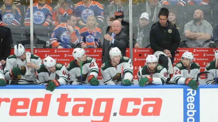 Dec 4, 2016; Edmonton, Alberta, CAN; Minnesota Wild Head Coach Bruce Boudreau is seen on the players bench as they played the Edmonton Oilers during the 1st period at Rogers Place. Wild won the game 2-1 in overtime. Mandatory Credit: Walter Tychnowicz-USA TODAY Sports
