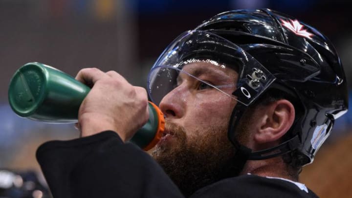 Jake Muzzin #7 of Team Canada drinks during practice at the World Cup of Hockey 2016 at Air Canada Centre on September 16, 2016 in Toronto, Ontario, Canada. (Photo by Minas Panagiotakis/Getty Images)