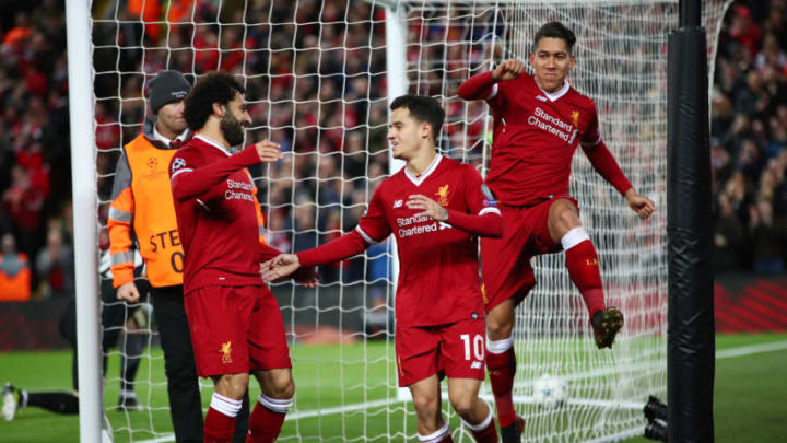 LIVERPOOL, ENGLAND - DECEMBER 06: Philippe Coutinho of Liverpool celebrates after scoring his sides fifth goal during the UEFA Champions League group E match between Liverpool FC and Spartak Moskva at Anfield on December 6, 2017 in Liverpool, United Kingdom. (Photo by Clive Brunskill/Getty Images)