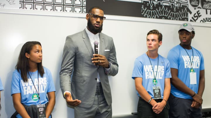 AKRON, OH - JULY 30: LeBron James addresses the media following the grand opening of the I Promise school on July 30, 2018 in Akron, Ohio. The new school is a partnership between the LeBron James Family foundation and Akron Public Schools. NOTE TO USER: User expressly acknowledges and agrees that, by downloading and/or using this Photograph, user is consenting to the terms and conditions of the Getty Images License Agreement. Mandatory Copyright Notice: Copyright 2018 NBAE (Photo by Allison Farrand/NBAE via Getty Images)
