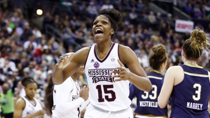COLUMBUS, OH - APRIL 01: Teaira McCowan #15 of the Mississippi State Lady Bulldogs reacts against the Notre Dame Fighting Irish during the third quarter in the championship game of the 2018 NCAA Women's Final Four at Nationwide Arena on April 1, 2018 in Columbus, Ohio. (Photo by Andy Lyons/Getty Images)