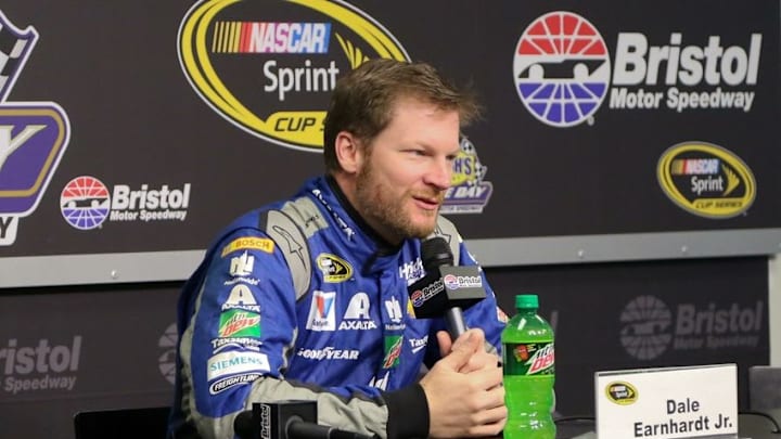 Apr 15, 2016; Bristol, TN, USA; NASCAR Sprint Cup Series driver Dale Earnhardt Jr. (88) speaks after practice for the Food City 500 at Bristol Motor Speedway. Mandatory Credit: Randy Sartin-USA TODAY Sports