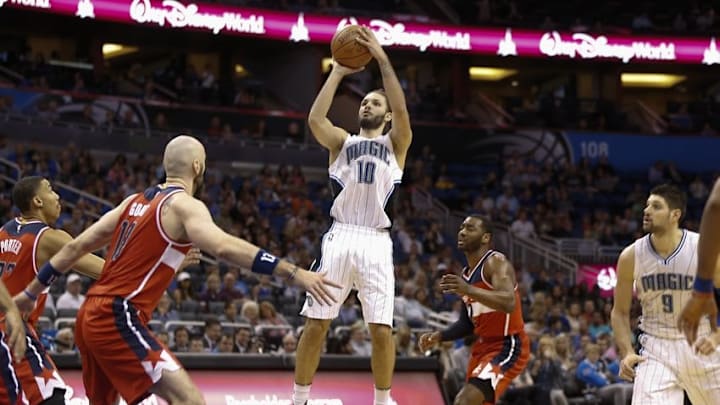 Jan 9, 2016; Orlando, FL, USA; Orlando Magic guard Evan Fournier (10) shoots during the second half against the Washington Wizards at Amway Center. The Washington Wizards won 105-99. Mandatory Credit: Reinhold Matay-USA TODAY Sports