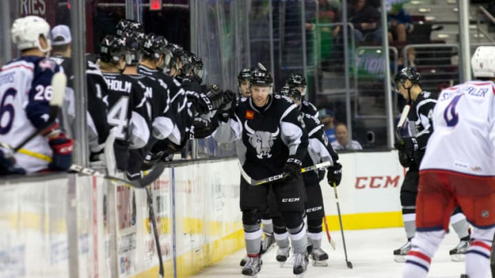 CLEVELAND, OH - OCTOBER 28: San Antonio Rampage C J.T. Compher (37) is congratulated by teammates after scoring a goal during the second period of the AHL hockey game between the San Antonio Rampage and Cleveland Monsters on October 28, 2016, at Quicken Loans Arena in Cleveland, OH. San Antonio defeated Cleveland 4-1. (Photo by Frank Jansky/Icon Sportswire via Getty Images)