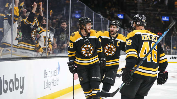 BOSTON, MA – MAY 21: David Pastrnak #88 of the Boston Bruins reacts after scoring in the third period of Game Four of the First Round of the 2021 Stanley Cup Playoffs against the Washington Capitals at TD Garden on May 21, 2021 in Boston, Massachusetts. (Photo by Adam Glanzman/Getty Images)