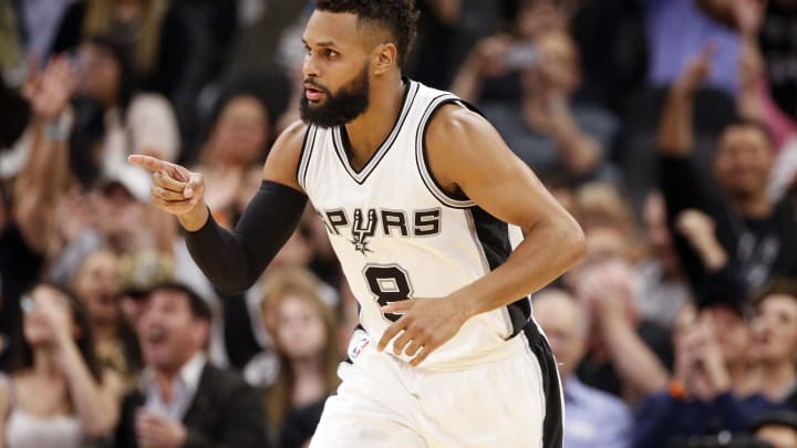 Mar 8, 2017; San Antonio, TX, USA; San Antonio Spurs point guard Patty Mills (8) reacts after a shot during the second half against the Sacramento Kings at AT&T Center. Mandatory Credit: Soobum Im-USA TODAY Sports