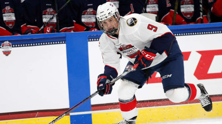 BUFFALO, NY - SEPTEMBER 21: Oliver Wahlstrom #9 of Team Chelios during the CCM/USA Hockey All-American Prospects Game against Team Leetch at the KeyBank Center on September 21, 2017 in Buffalo, New York. (Photo by Kevin Hoffman/Getty Images)