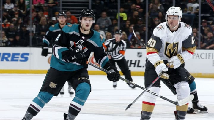 ANAHEIM, CA - MARCH 1: Brendan Guhle #2 of the Anaheim Ducks and Ryan Carpenter #40 of the Vegas Golden Knights skate during the game on March 1, 2019 at Honda Center in Anaheim, California. (Photo by Debora Robinson/NHLI via Getty Images)