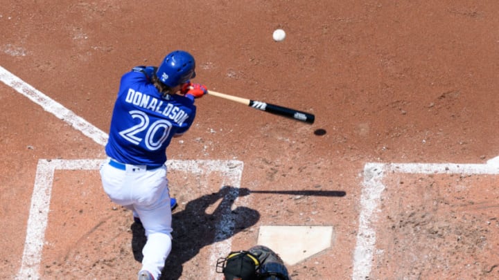 TORONTO, ON - MAY 24: Toronto Blue Jays Third base Josh Donaldson (20) bats during the MLB regular season game between the Toronto Blue Jays and the Los Angeles Angels on May 24, 2018, at Rogers Centre in Toronto, ON, Canada. (Photograph by Julian Avram/Icon Sportswire via Getty Images)