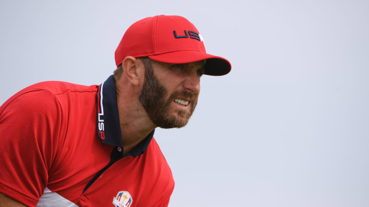 Sep 26, 2021; Haven, Wisconsin, USA; Team USA player Dustin Johnson follows his shot from the fourth tee during day three singles rounds for the 43rd Ryder Cup golf competition at Whistling Straits. Mandatory Credit: Orlando Ramirez-USA TODAY Sports