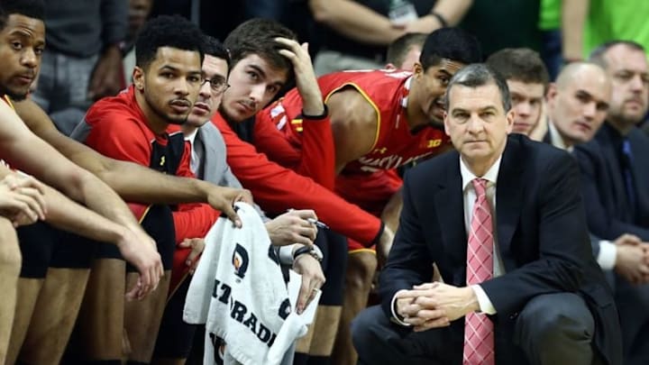 Jan 23, 2016; East Lansing, MI, USA; Maryland Terrapins head coach Mark Turgeon (R) looks on from the sideline during the first half against the Michigan State Spartans at Jack Breslin Student Events Center. Mandatory Credit: Mike Carter-USA TODAY Sports