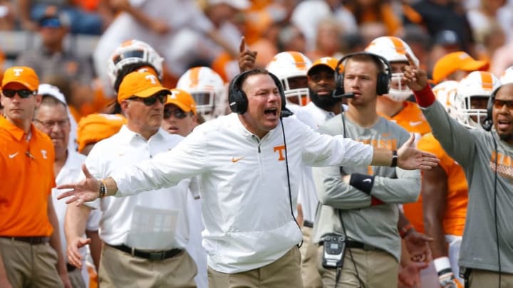 KNOXVILLE, TN - OCTOBER 14: Head coach Butch Jones of the Tennessee Volunteers reacts against the South Carolina Gamecocks during the first half at Neyland Stadium on October 14, 2017 in Knoxville, Tennessee. (Photo by Michael Reaves/Getty Images)