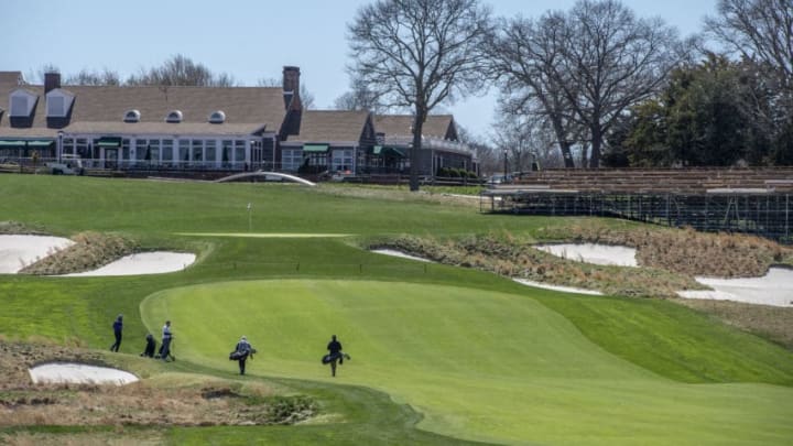 Bethpage, N.Y.: Golfers play on the 18th hole of the Bethpage Black Course at Bethpage State Park in Long Island, New York on April 16, 2019. The public golf course is the site of the 2019 PGA Championships. (Photo by J. Conrad Williams Jr./Newsday via Getty Images)