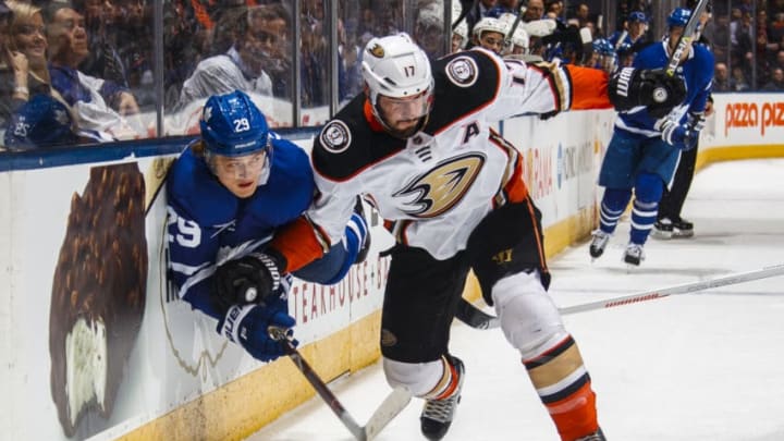 TORONTO, ON - FEBRUARY 5: Ryan Kesler #17 of the Anaheim Ducks checks William Nylander #29 of the Toronto Maple Leafs during the first period at the Air Canada Centre on February 5, 2018 in Toronto, Ontario, Canada. (Photo by Mark Blinch/NHLI via Getty Images)