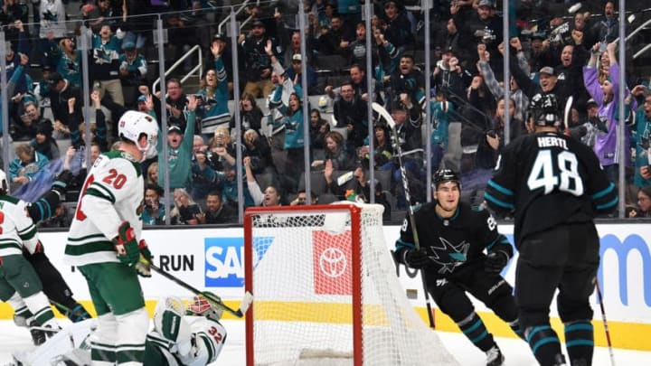 SAN JOSE, CA - NOVEMBER 07: Timo Meier #28 of the San Jose Sharks and Tomas Hertl #48 of the San Jose Sharks celebrate after scoring against the Minnesota Wild at SAP Center on November 7, 2019 in San Jose, California. (Photo by Brandon Magnus/NHLI via Getty Images)