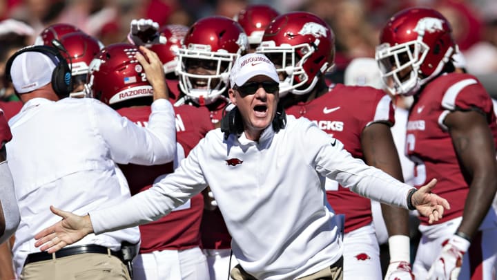 FAYETTEVILLE, AR – OCTOBER 27: Head Coach Chad Morris of the Arkansas Razorbacks yells to the officials in the first half of a game against the Vanderbilt Commodores at Razorback Stadium on October 27, 2018 in Fayetteville, Arkansas. The Commodores defeated the Razorbacks 45-31. (Photo by Wesley Hitt/Getty Images)