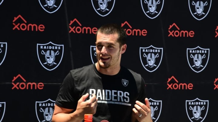 Jun 15, 2016; Alameda, CA, USA; Oakland Raiders quarterback Derek Carr at minicamp press conference at the Raiders practice facility. Mandatory Credit: Kirby Lee-USA TODAY Sports