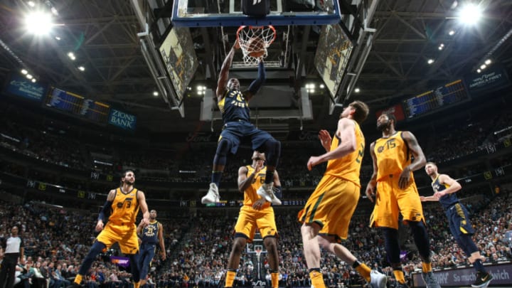 SALT LAKE CITY, UT - JANUARY 15: Victor Oladipo #4 of the Indiana Pacers dunks the ball against the Utah Jazz on January 15, 2018 at vivint.SmartHome Arena in Salt Lake City, Utah. Copyright 2018 NBAE (Photo by Melissa Majchrzak/NBAE via Getty Images)